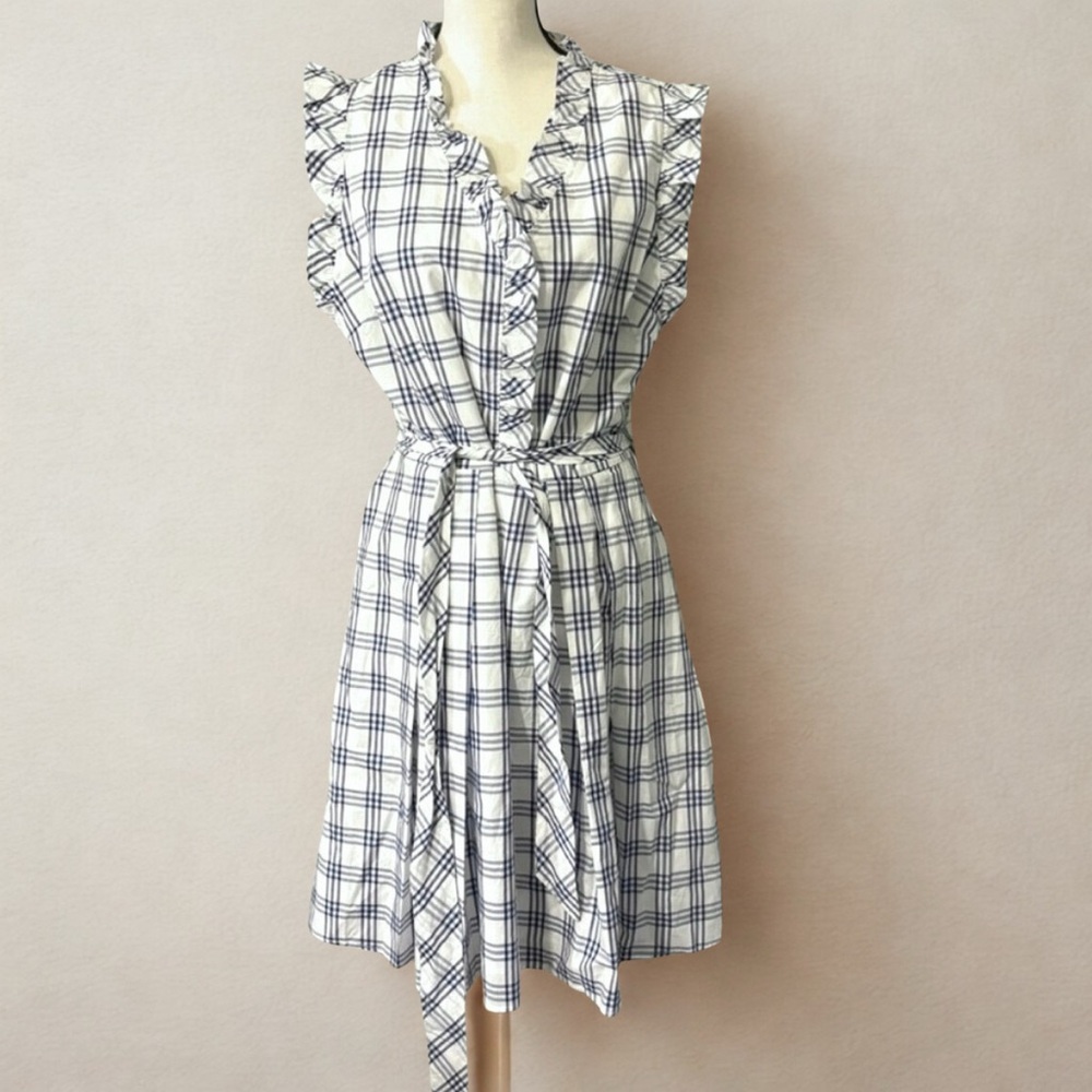 NWT White/Navy Blue Plaid Checkered Ruffle Mini Dress - Picture 1 of 11